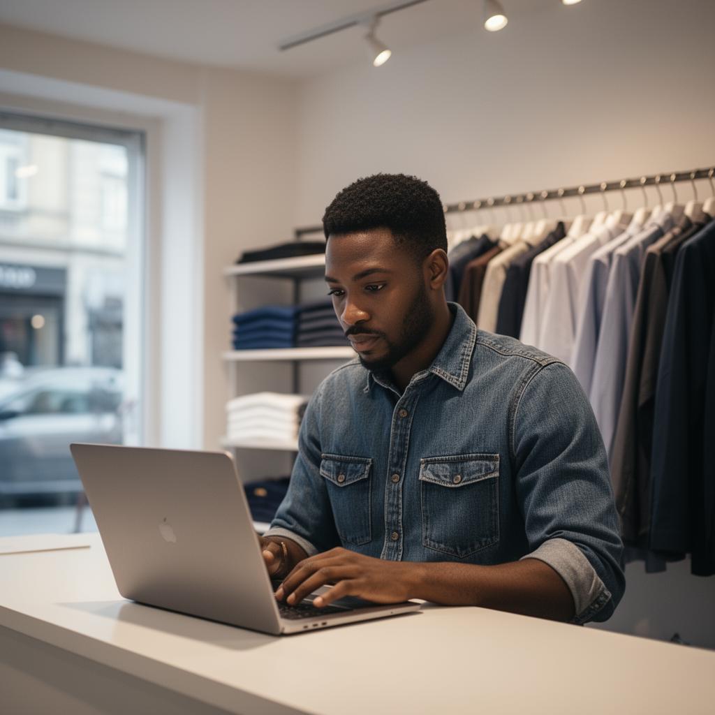 A Nigerian clothing store owner working on his laptop at the counter of his boutique, with a rack of folded and hanging shirts behind him.