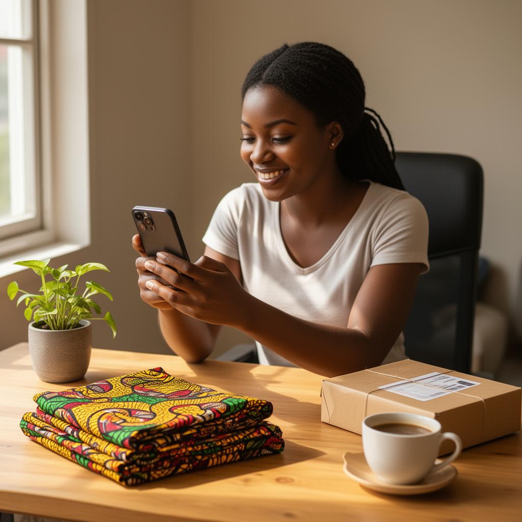 A Nigerian woman entrepreneur smiling as she manages her BazaarFlow store on her smartphone, with folded ankara fabric and a packaged parcel on the desk.